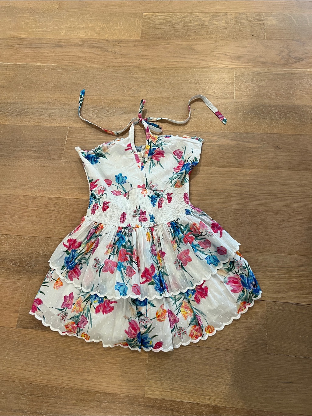 Loveshackfancy White Floral Tiered Mini Dress With Pink & Blue Blooms